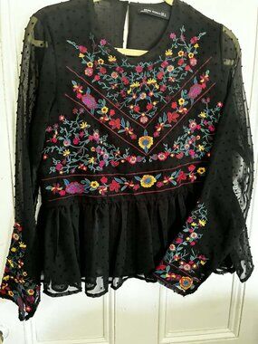 BBWM Black Embroidered Boho Blouse – Sheer Dotted Swiss – Size L (Fits M)